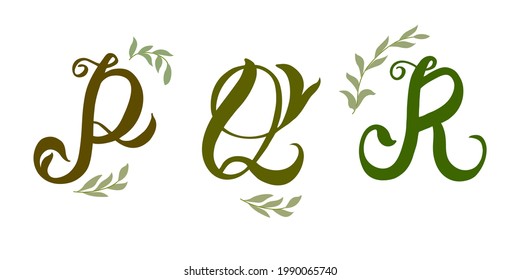 alphabet leaves, green capital letters - P, Q, R