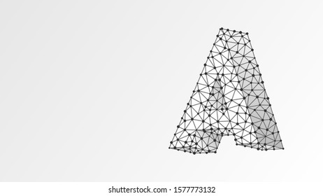 Alphabet letter A. Abstract digital wireframe, low poly mesh, vector white origami 3d illustration. Design of an Uppercase letter. Banner, template or a pattern. Triangle, line, dot