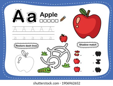 Alphabet Letter A- apple exercise with cartoon vocabulary illustration, vector