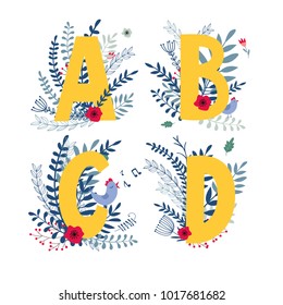 Alphabet,  letter a, b, c, d  in floral design with flowers and plants. Colorful ABC type in vector.