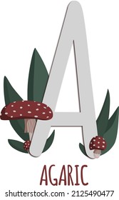 Alphabet. The letter A. Cute agaric. Illustration on transparent background. A vector illustration of alphabet from A to Z.