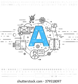 Letra alfabeta A. Estilo Plano, Diseño De Arte De Línea Delgada. Conjunto de desarrollo de aplicaciones, codificación de sitios web, información, tecnologías móviles, iconos de negocios y elementos. Colección moderna de vectores de concepto