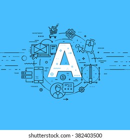 Alphabet Letter A. Flat Style, Thin Line Art Design. Set of application development, web site coding, information, mobile technologies, business icons and elements. Modern concept vectors collection