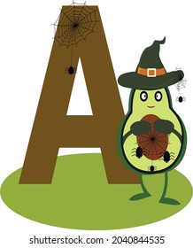 Alphabet, letter A. In the style of halloween and cartoon. Word on A Avacado with cobweb, spider. Learn the alphabet, English. Textbooks, school, banner, poster and scrapbooking.
