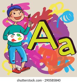Alphabet. Letter A. VECTOR. Artist. Back to School and Sport isolated objects. Great illustration for a school books and more. Editorial. Education. Advertising.