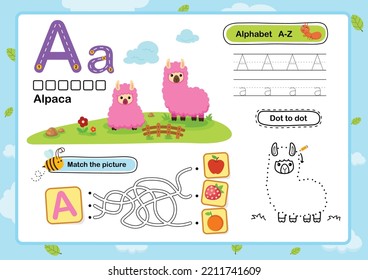Alphabet Letter A-Alpaca exercise with cartoon vocabulary illustration, vector svg