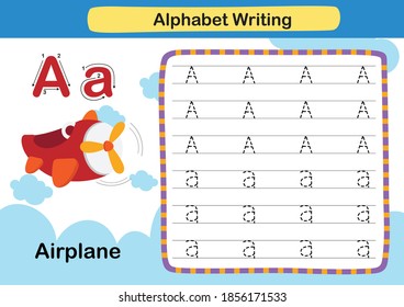 Alphabet Letter A -Airplane exercise with cartoon vocabulary illustration, vector