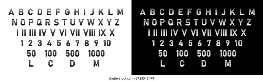 Alphabet Buchstabe A-Z, Mathematische Zahlen und römische Ziffern Set für Kit und Lehre Vektorgrafik.