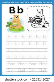 Alphabet Letter B with cartoon vocabulary for coloring book illustration, vector