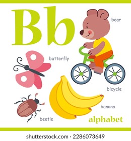 Alphabet letter B with cartoon vocabulary illustration: bear, butterfly, bicycle, banana, beetle. Cute children ABC alphabet flash card with letter B for kids learning English vocabulary.