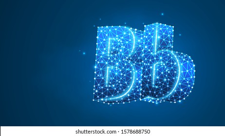 Alphabet letter B. Design of an Uppercase and lowercase letters. Banner, template or a pattern. Abstract digital wireframe, low poly mesh, vector blue neon 3d illustration. Triangle, line, dot