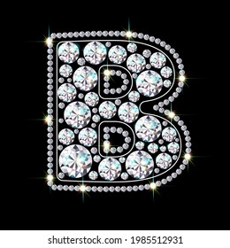 Alphabet letter B made from bright, sparkling diamonds. Jewelry font. 3d realistic style vector illustration.
