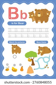 Alphabet Letter B Tracing Worksheet for Kids, Preschool and Kindergarten Handwriting Practice, B is for Bear ABC Learning Printable