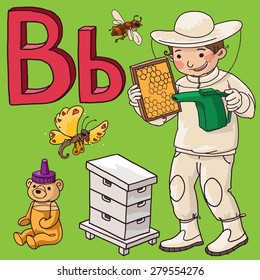 Alphabet. Letter B. VECTOR. Beekeeper. Bee. bear. Honey. Butterfly. Back to School and isolated objects. Great illustration for a school books and more. Editorial. Education. Advertising. Board.