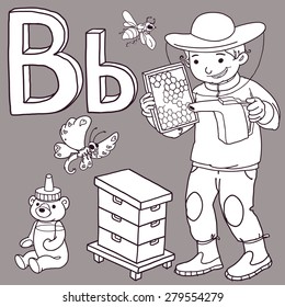 Alphabet. Letter B. VECTOR. Beekeeper. Bee. bear. Honey. Butterfly. Back to School and isolated objects. Great illustration for a school books and more. Editorial. Education. Advertising. Board.