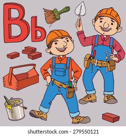 Alphabet. Letter B. VECTOR. Builders. Black and White. Back to School and Sport isolated objects. Great illustration for a school books and more. Editorial. Education. Advertising. 