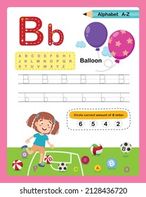 Alphabet Letter B-Balloon exercise with cartoon vocabulary illustration, vector