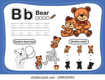 Alphabet Letter B-bear exercise with cartoon vocabulary illustration, vector