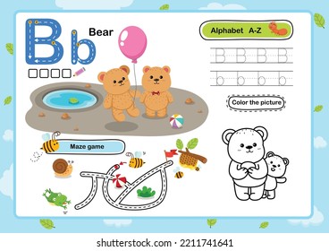 Alphabet Letter B-Bear exercise with cartoon vocabulary illustration, vector