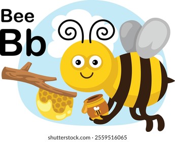 Alphabet Letter B-Bee with cartoon vocabulary illustration, vector