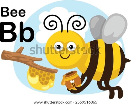 Alphabet Letter B-Bee with cartoon vocabulary illustration, vector