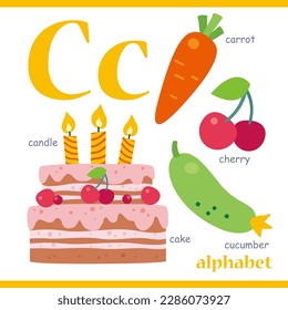 Alphabet letter C with cartoon vocabulary illustration: carrot, cherry, cucumber, cake, candle. Cute children ABC alphabet flash card with letter C for kids learning English vocabulary. svg