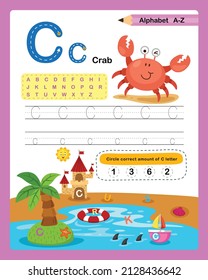 Alphabet Letter C - Crab  exercise with cartoon vocabulary illustration, vector