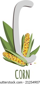 Alphabet. The letter C. Cute corn. Illustration on transparent background. A vector illustration of alphabet from A to Z.