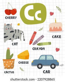 Alphabet letter C with cute object and animal illustration for children learning