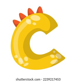 Alphabet letter C in dinosaur font vector illustration. Cute cartoon drawing of English letter and number in dino style for kindergarten or school children. Education concept