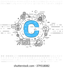 Alphabet Letter C. Flat Style, Thin Line Art Design. Set of application development, web site coding, information, mobile technologies, business icons and elements. Modern concept vectors collection