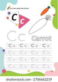 Alphabet Letter C Learning, Coloring and Writing Practice Sheet for Kids