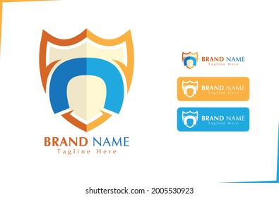 Alphabet Letter C logo with protection shield in blue and orange colour for security business