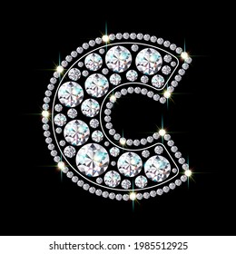 Alphabet letter C made from bright, sparkling diamonds. Jewelry font. 3d realistic style vector illustration.