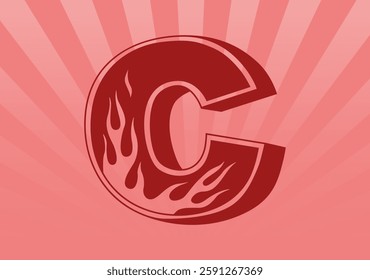 Alphabet letter C with ornament flames. Sunburst background. Vector illustration