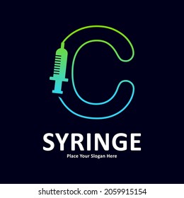 Alphabet letter C in shape of syringe design vector logo. Suitable for initial health and immunization symbol 