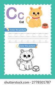 Alphabet Letter C Tracing Worksheet for Kids, Preschool and Kindergarten Handwriting Practice, C is for Cat ABC Learning Printable