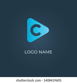 Alphabet letter C with triangle play button logo on isolated dark background