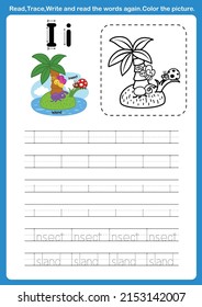 Alphabet Letter I with cartoon vocabulary for coloring book illustration, vector