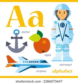 Alphabet-Brief A mit Cartoon-Vokabular-Illustration: Astronaut, Apfel, Anker, Flugzeug. Cute Kinder ABC Alphabet Flash Karte mit Buchstabe A für Kinder lernen Englisch Vokabular.