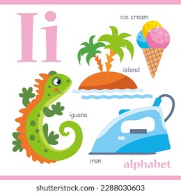 Alphabet letter I with cartoon vocabulary illustration: island, iguana, iron, ice cream. Cute children ABC alphabet flash card with letter I for kids learning English vocabulary.