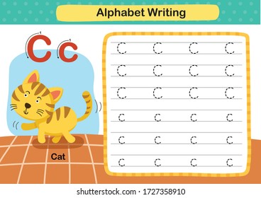 Alphabet Letter C-Cat exercise with cartoon vocabulary illustration, vector