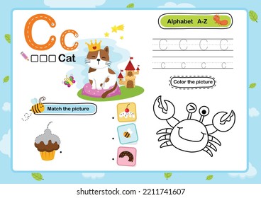 Alphabet Letter C-Cat exercise with cartoon vocabulary illustration, vector