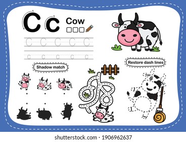 Ejercicio alfabético de vaca C con ilustración de vocabulario de dibujos animados, vector