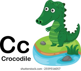 Alphabet Letter C-Crocodile with cartoon vocabulary illustration, vector