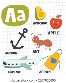 Alphabet letter A with cute object and animal illustration for children learning