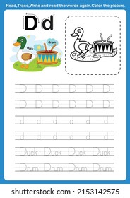Alphabet Letter D with cartoon vocabulary for coloring book illustration, vector