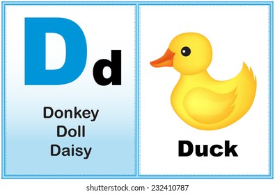 Alphabet letter D with clip-art and few similar words starting with the letter printable graphic for preschool / kindergarten kids 