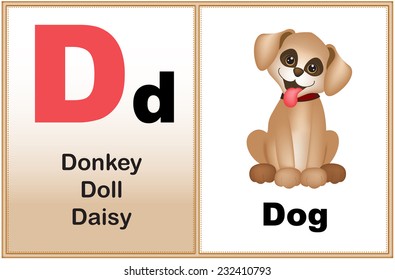 Alphabet letter D with clip-art and few similar words starting with the letter printable graphic for preschool / kindergarten kids 