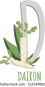 Alphabet. The letter D. Cute daikon. Illustration on transparent background. A vector illustration of alphabet from A to Z.
